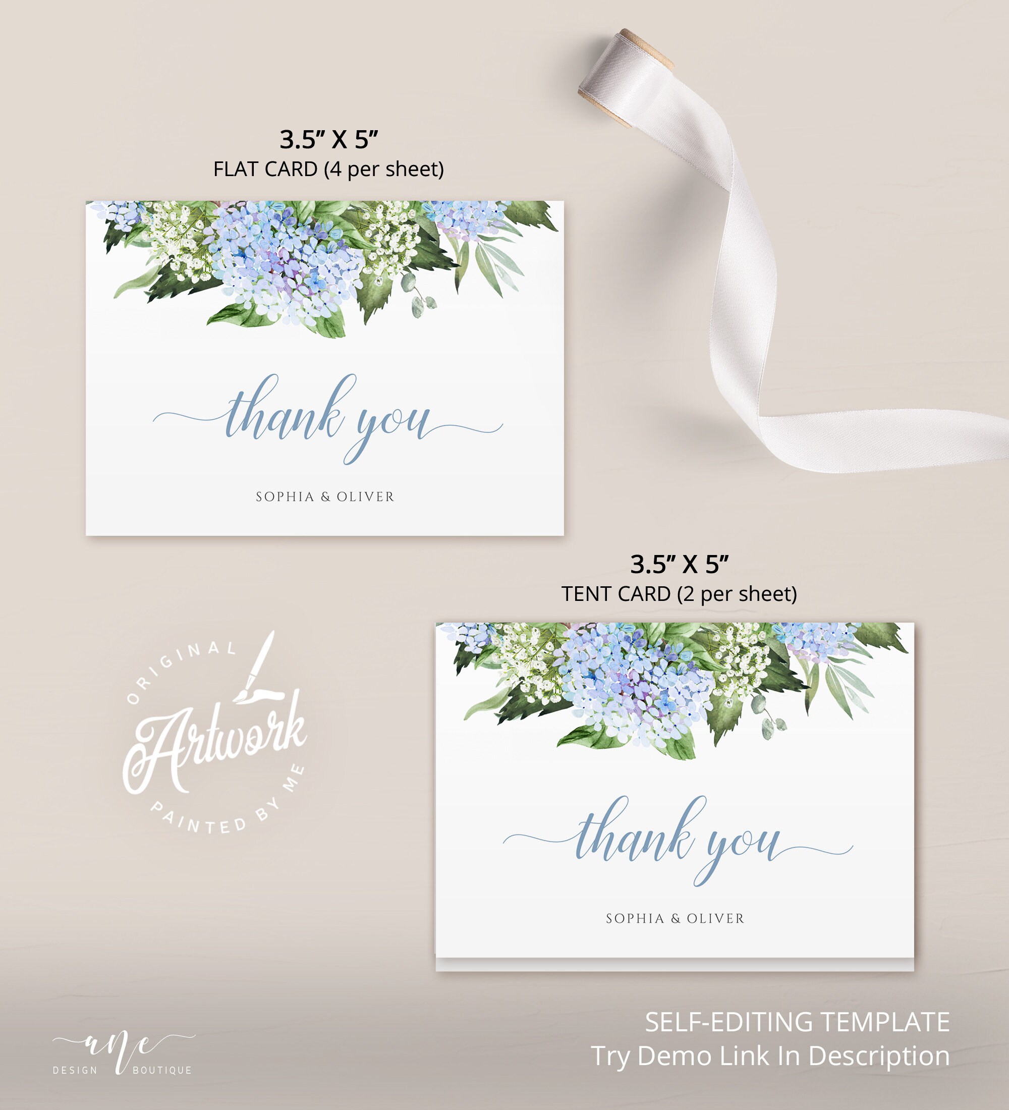 Dusty Blue Hydrangea Thank You Card Template, Editable Flat & Folded ...