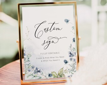 Dusty Blue Custom Wedding Sign Template, Boho Wildflowers Pastel Greenery Table Sign, Printable Signs Bundle 5x7 8x10, Editable Download 026