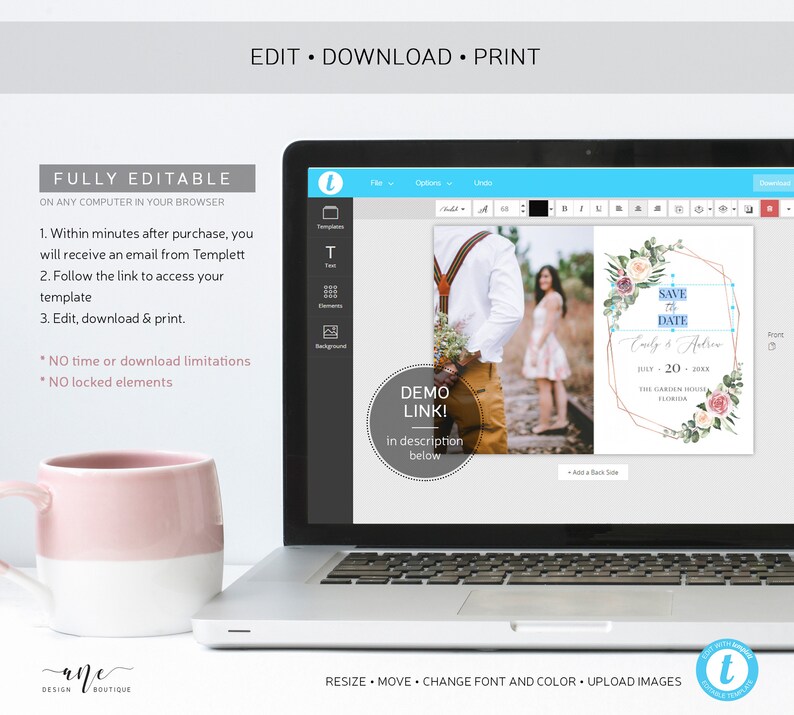 Mauve Rose Printable Boho Wedding Date Announcement Card with Photo Editable Rustic Photo Save The Date Template Download Templett 007