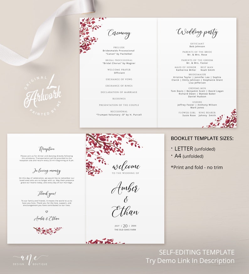 Red Old Oak Tree Fall Wedding Program Template Printable - Etsy