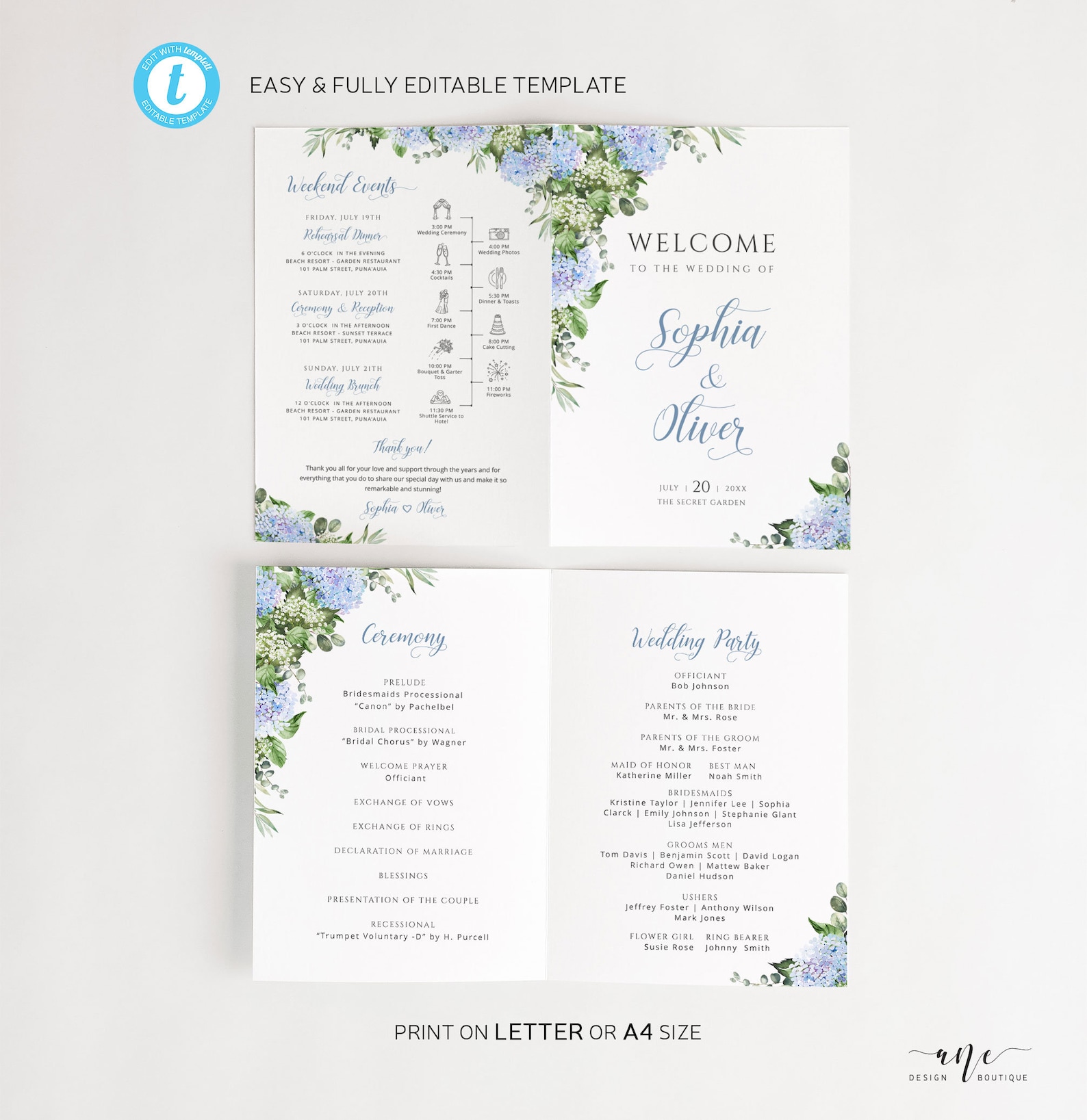 Dusty Blue Hydrangea Wedding Program + Timeline Booklet Printable