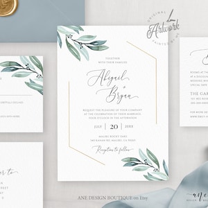 Gold Geometric Greenery Wedding Invitation Set Template, Garden Boho Wedding, Dusty Blue, Eucalyptus, 100% Editable, Printable Download 004A
