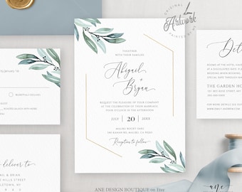 Gold Geometric Greenery Wedding Invitation Set Template, Garden Boho Wedding, Dusty Blue, Eucalyptus, 100% Editable, Printable Download 004A