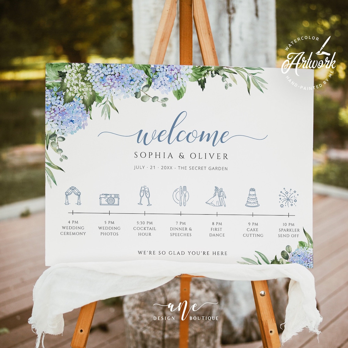 Blue Hydrangea Wedding Welcome Timeline Sign Template image 1