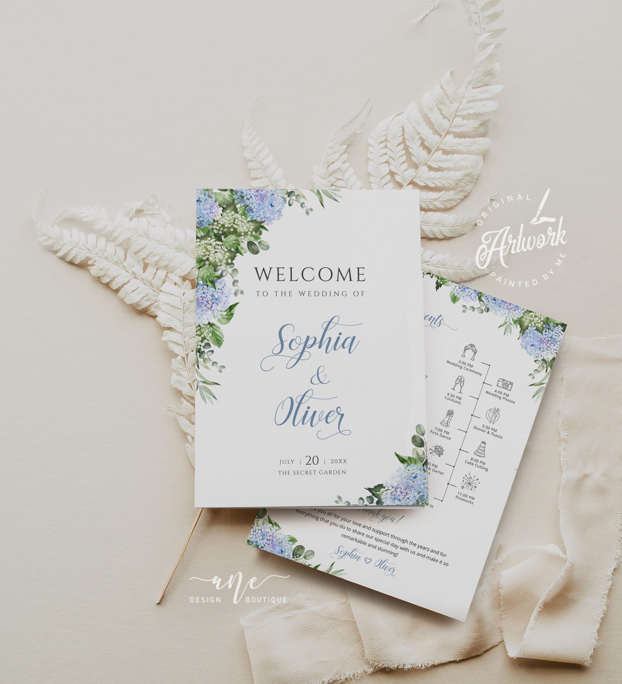 Dusty Blue Hydrangea Wedding Program + Timeline Booklet Printable