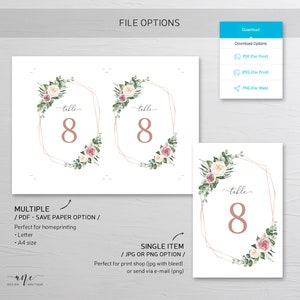 May include: Printable table number cards with a gold geometric frame and floral design. The cards feature the text "table" and the number "8" in a pink font. The cards are available in multiple file formats, including PDF, JPG, and PNG.