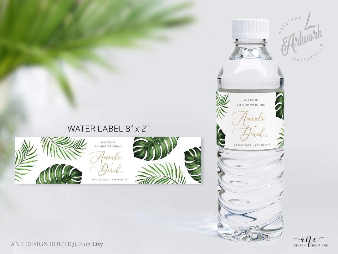 Tropical Beach Wedding Water Label Template, Palm Monstera Editable ...