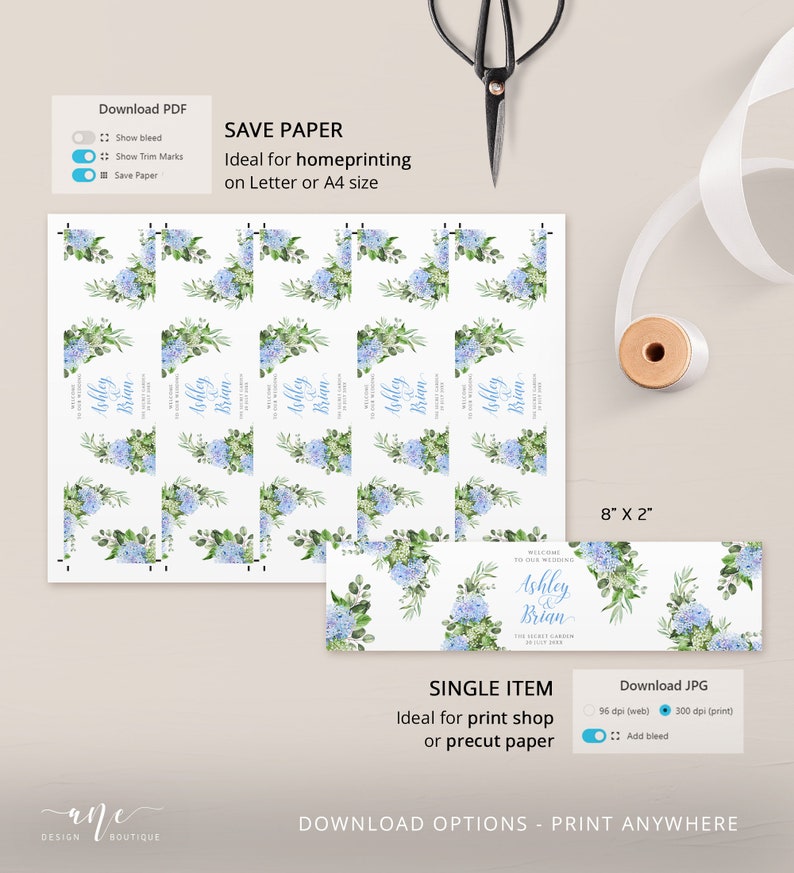 Hydrangea Label Dusty Blue Hydrangea Wedding Water Label Template, Editable Floral ...