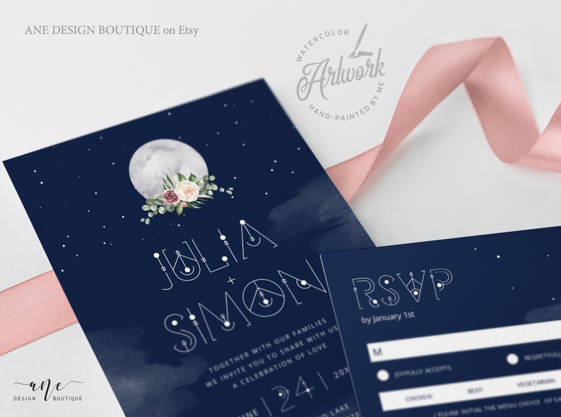 Celestial Moon Wedding Invitation Set Template, Starry Night Sky Wedding Suite, Mystic Sacred Geometry, Navy Blue Galaxy Space, Editable 022 image 2