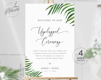 Tropical Unplugged Ceremony Wedding Sign Template, Palm Leaf No Phone Camera Printable Welcome Sign, Fully Editable DIY Instant Download 002