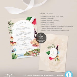 hand painted Italy itinerary template, printable bachelorette party itinerary digital download, original artwork of Lake Como Garda, Italy birthday, bridal shower in Como Italy,girls trip to Europe,hen do party,Italy wedding agenda