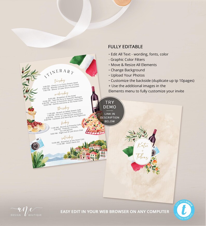 hand painted Italy itinerary template, printable bachelorette party itinerary digital download, original artwork of Lake Como Garda, Italy birthday, bridal shower in Como Italy,girls trip to Europe,hen do party,Italy wedding agenda