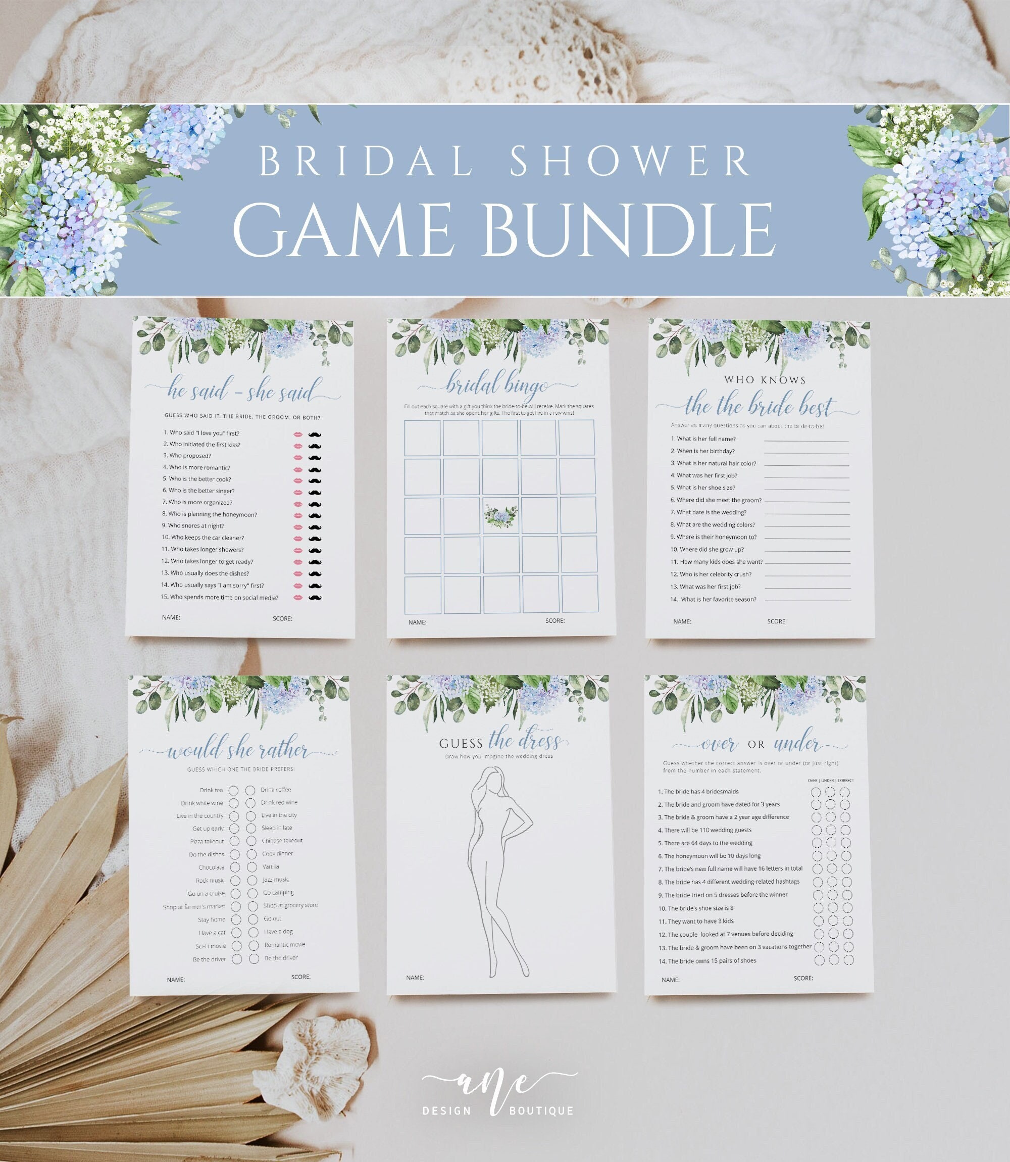 Dusty Blue Hydrangea Bridal Shower Games Bundle Editable Template, Wedding Shower Games, Printable Bachelorette Party Games Download DIY 019
