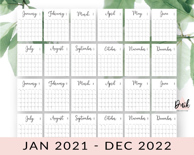 2021 2022 calendar printable january 2021 december 2022 etsy