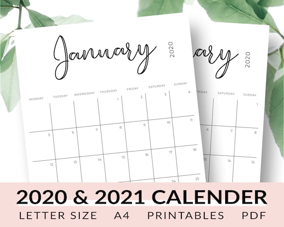 2020-2021 Calendar Printable January 2020 December 2021 | Etsy