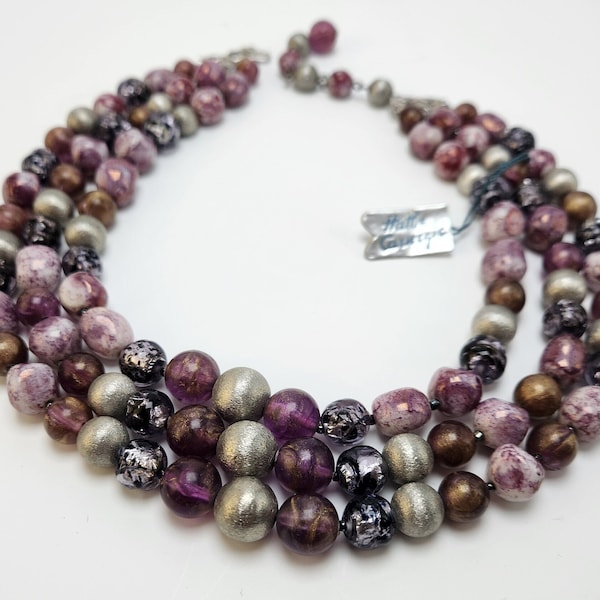 Vintage Signed Hattie Carnegie necklace, 3 Strand Purple Art Glass Beaded Necklace with tag, 1950s choker necklace, vintage estate jewelry