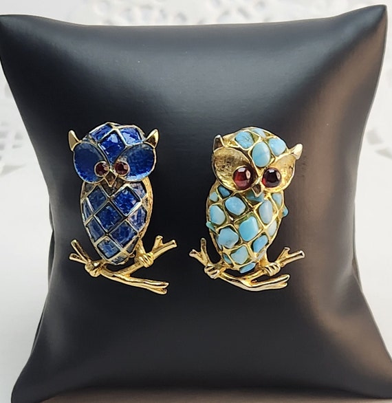 Vintage Swoboda Owl Brooch set of two, blue stone 