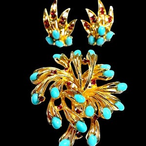 Marcel boucher modernist brooch & earrings set, turquoise cabochon ruby rhinestone