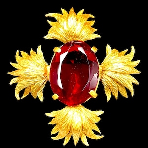 1960s kenneth jay lane kjl floral maltese cross brooch, ruby red rhinestone