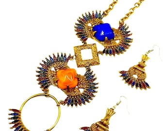 Castlecliff larry vrba mayan aztec necklace, pendant & earrings set, chain