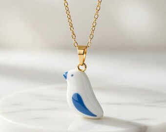 Hand-Painted Blue Bird Necklace on Gold Chain, Minimalist Nature Inspired Jewelry