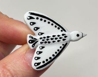 Handmade Bird Brooch, Black White Pin , Folk Art Jewelry