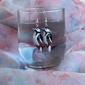 Woodpecker earrings, Handmade hanging bird earrings, hand painting jewelry, colorful earrings