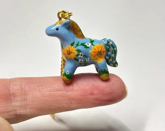 Blue floral horse pendant, handmade horse gift