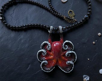 Handmade red octopus necklace, ocean animal pendant, black beaded necklace, nautical gift for her