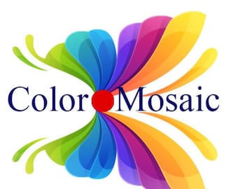 May include: A graphic logo featuring the text Color Mosaic in dark blue letters, with a red circle replacing the letter o. Behind the text is a symmetrical, stylized butterfly shape composed of vibrant, overlapping petals in yellow, orange, pink, purple, blue, and green gradients.