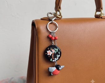 Hand-Painted Bullfinch Clay Bird Charm, Winter Floral Bag Accessory, Keychain For Bird Lover