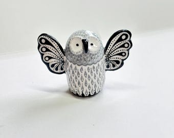 Handmade owl figurine, black white owl decor, woodland desk friend