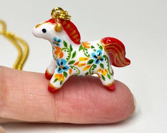Tiny horse statement necklace, handmade folkart animal pendant