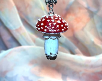 Red mushroom, Amanita  pendant, hand painting cottagecore necklace