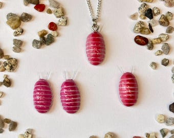 Handmade Cherry Blossom Isopod Jewelry Set: Polymer Clay Pendant, Earrings & Pin