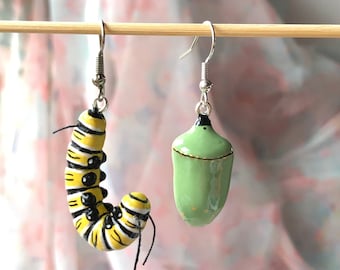 Handmade Monarch Caterpillar and Chrysalis Earrings