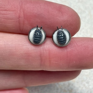 May include: A pair of silver stud earrings with a white and gray design. The design features a small, gray, segmented creature inside a white circle.
