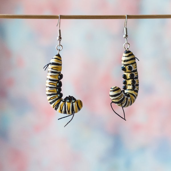 Monarch caterpillar earring, cottagecore earrings