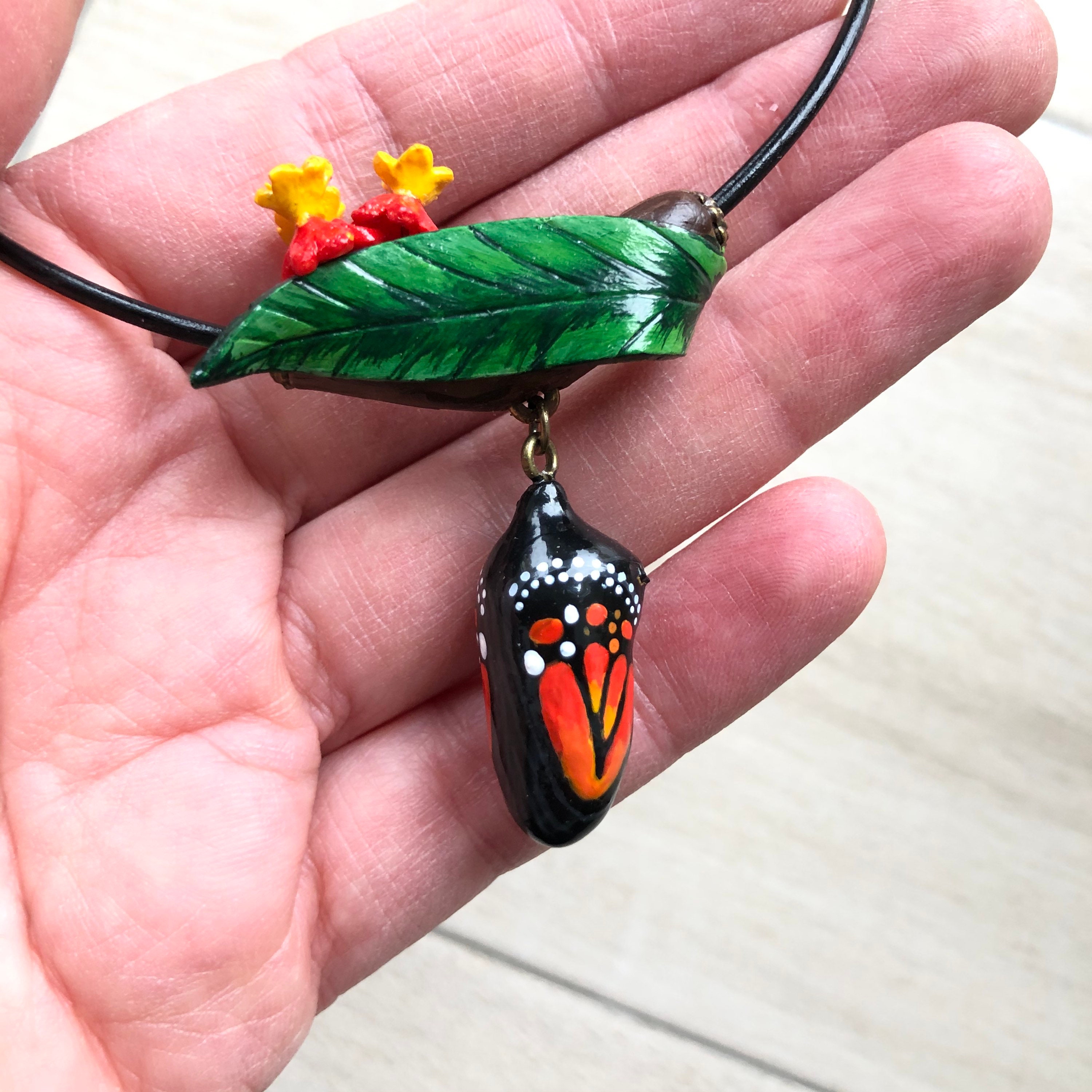 Monarch chrysalis pendant with hand painted detail Etsy