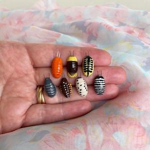 Op de afbeelding: Een verzameling van acht handgeschilderde, miniatuur houten rolbeestjes. De beestjes zijn geschilderd in verschillende kleuren en patronen, waaronder zwart, wit, geel, oranje en bruin.