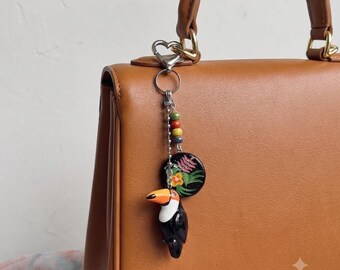 Hand-Painted Toucan Clay Charm, Exotic Bird Keychain, Tropical Floral Bag Accessory