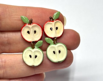 Handmade Apple Stud Earrings: Red & Green Polymer Clay