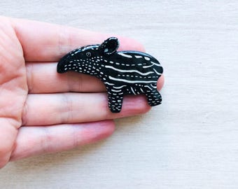 Baby Tapir Brooch: Handmade Black & White Animal Pin