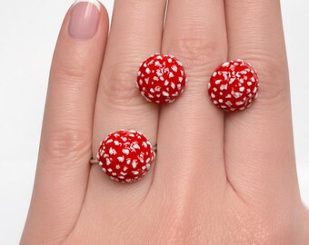 Red mushroom earrings & ring, fly agaric jewelry, hypoallergenic stainless steel findings