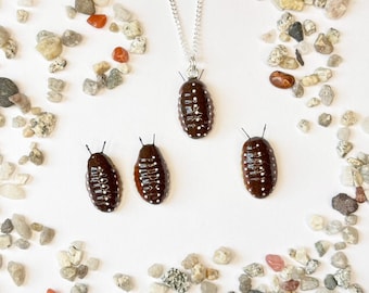 Handmade Isopod Jewelry Set: Polymer Clay Bug Earrings, Pendant & Pin