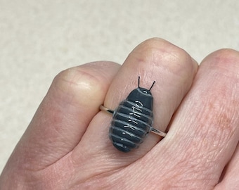 May include: A silver ring with a gray, segmented, pill-shaped stone. The stone resembles a roly-poly bug.