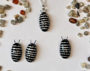 Zebra Isopod Jewelry Set: Striped Bug Pendant, Earrings & Brooch