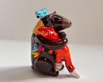 Handmade hugging fox and bear figurine, emotional woodland animal decor