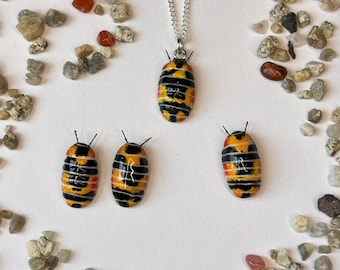 Handmade tricolor isopod jewelry set, isopod necklace, insect pin, stud earrings, woodlouse brooch