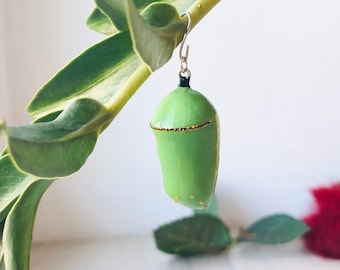 Monarch butterfly crysalis pendant , milkweed butterfly  cocoon hand painted  necklace